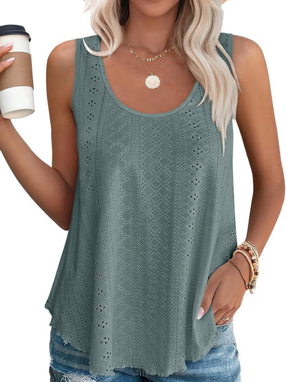 HOT SALE Women's Casual Loose Scoop Neck Wide Strap Eyelet Tank Tops