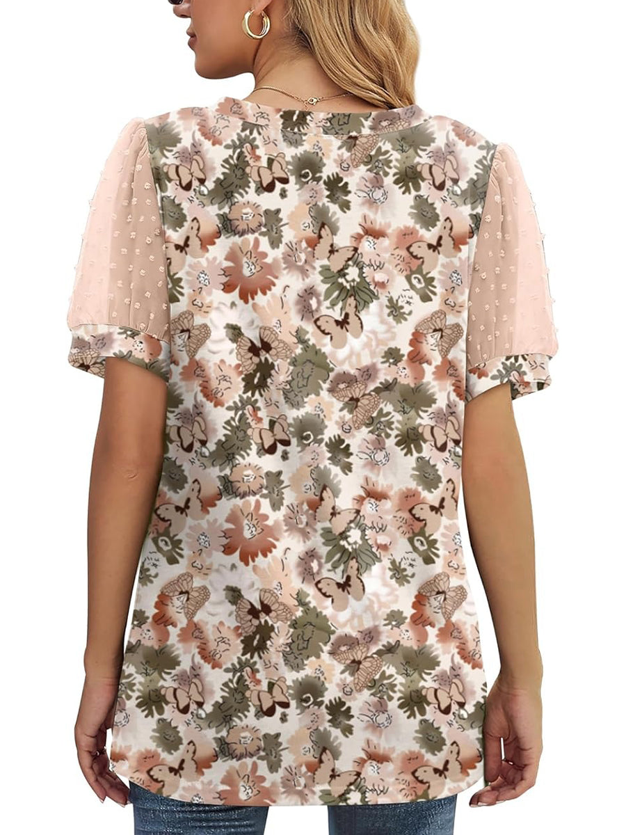 Limited time sale🔥Women's Printed V Neck Swiss Dot Puff Sleeve Loose Casual T-Shirt