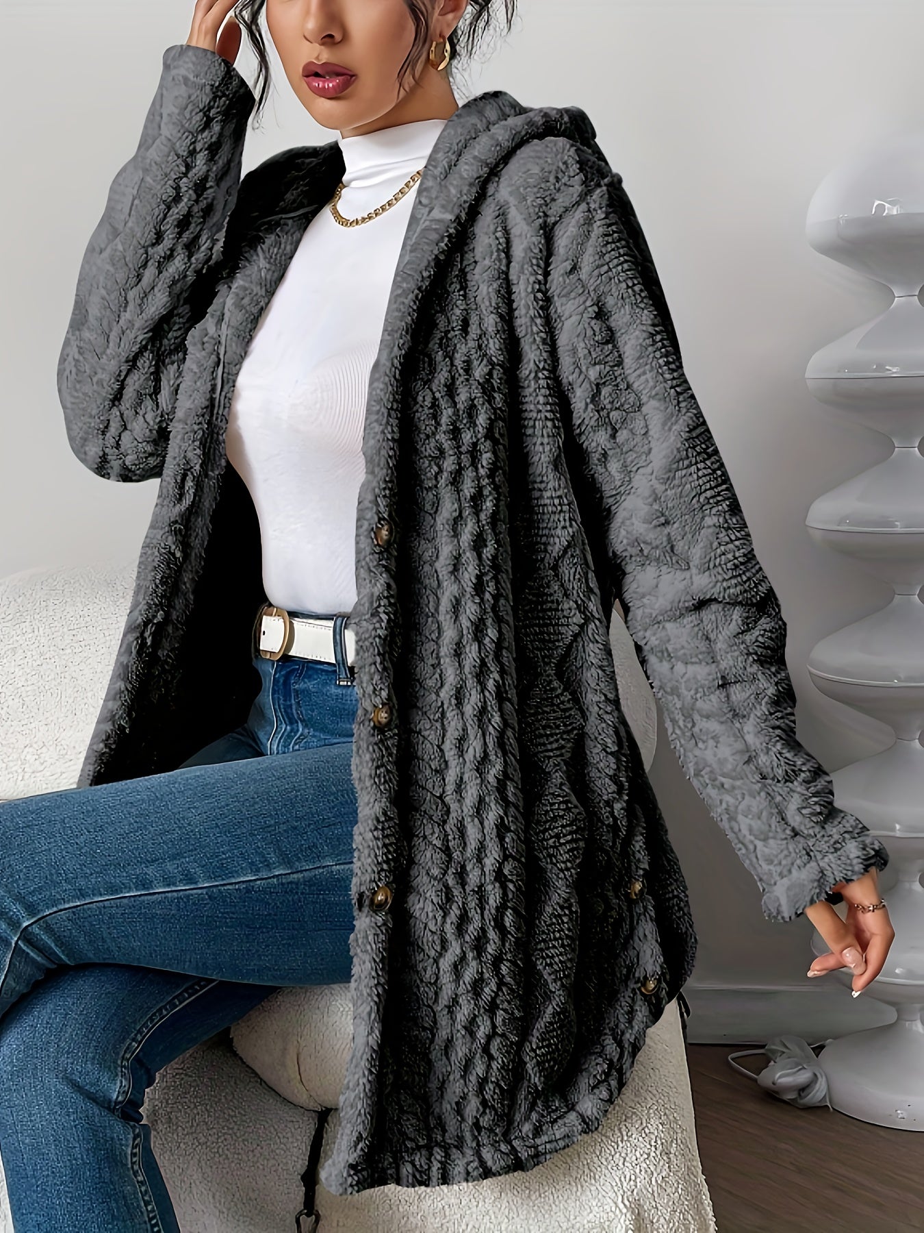 ⏰Hot Sale-Womens Fuzzy Fleece Button Down Jacket Hooded Open Front Cardigan Sweater