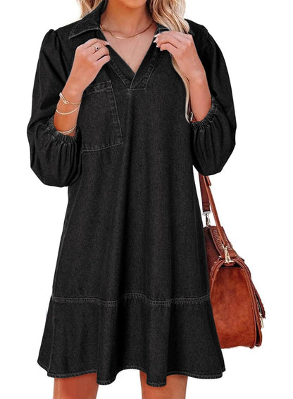 ⏰Hot Sale-Women's V-neck Puff Sleeve Denim Layered Dress