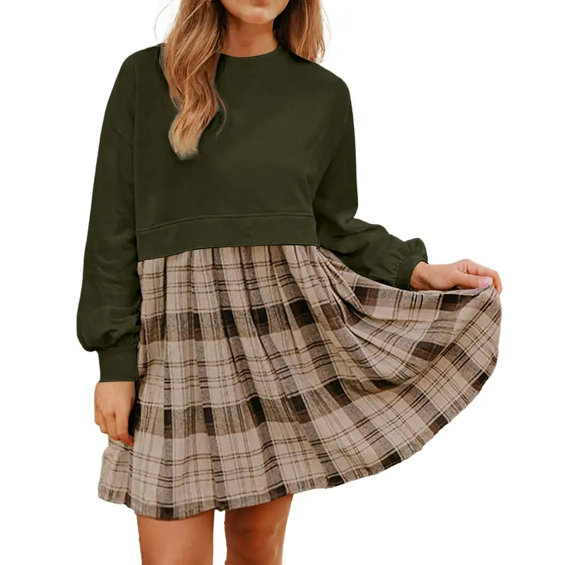 Women Plaid Patchwork Sweatshirt Mini Dress