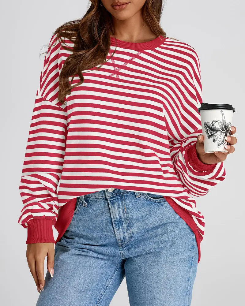 Women Striped Crew Neck Lantern Long Sleeve Loose Sweatshirt Top