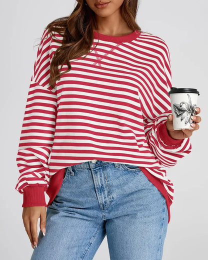 Women Striped Crew Neck Lantern Long Sleeve Loose Sweatshirt Top