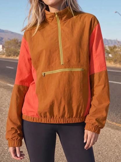 Women Retro Color Block Half Zip Windbreaker