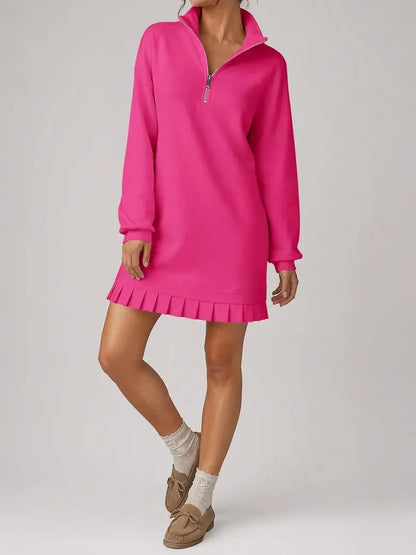 Hot Sale-Women's Half Zip Sweatshirt Dress with Pleated Hem