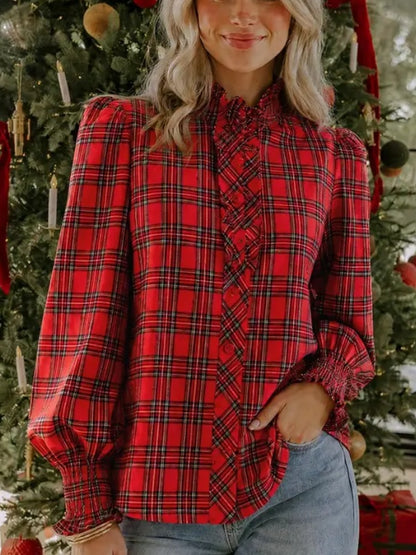 Women's Plaid Ruffle Neck Long Sleeve Blouse