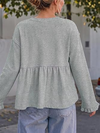 Women Crew Neck Ruffle Cuff Peplum Top