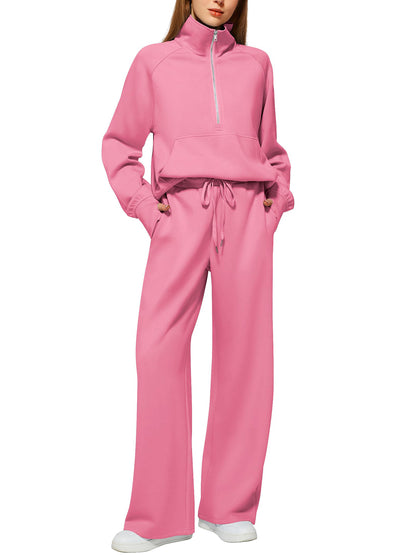 Women's Oversized Half Zip Wide Leg 2 Piece Outfits Lounge Set