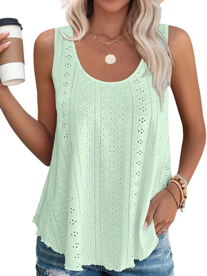 HOT SALE Women's Casual Loose Scoop Neck Wide Strap Eyelet Tank Tops
