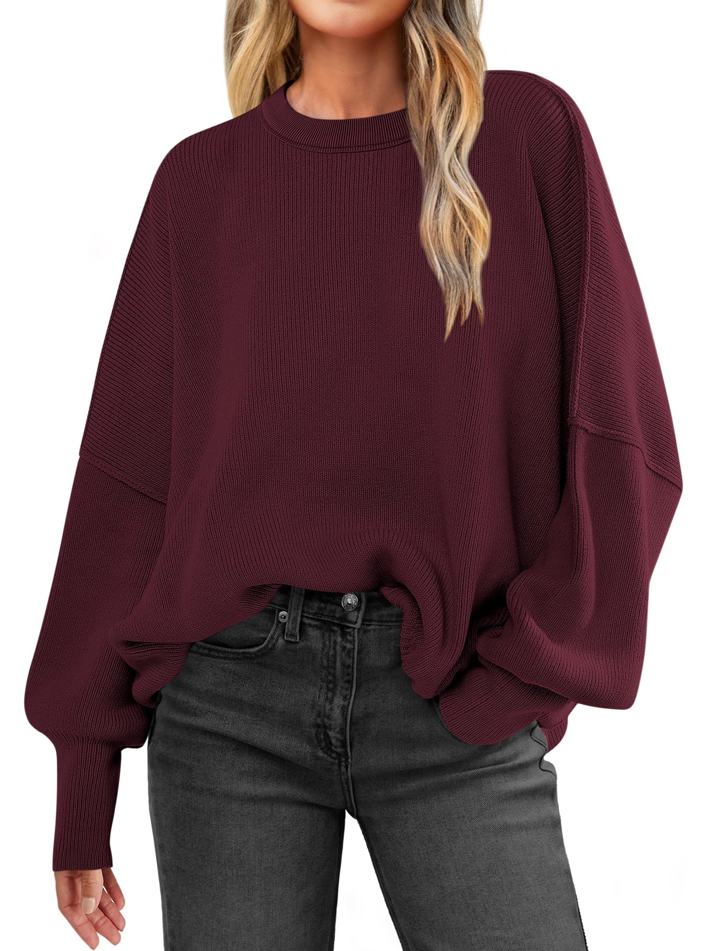 Women Oversized Side Slit Ribbed Knit Pullover Sweaters Top