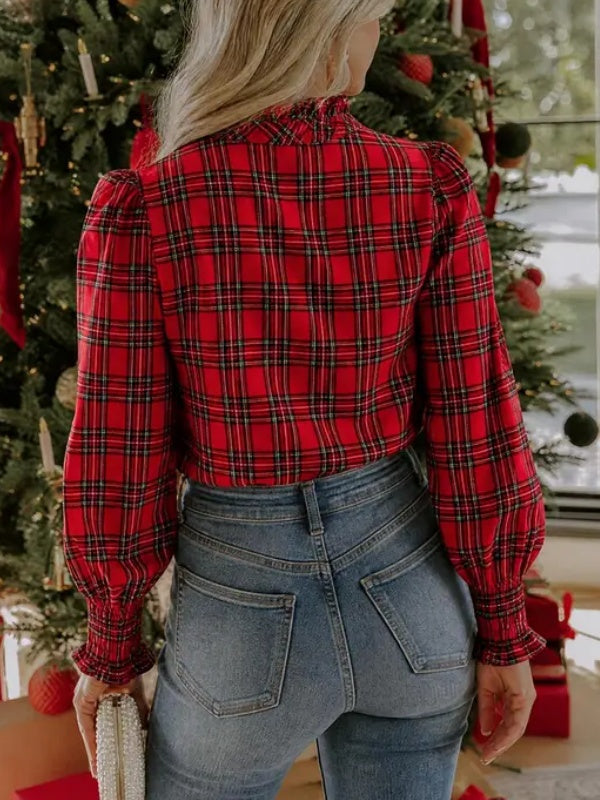Women's Plaid Ruffle Neck Long Sleeve Blouse