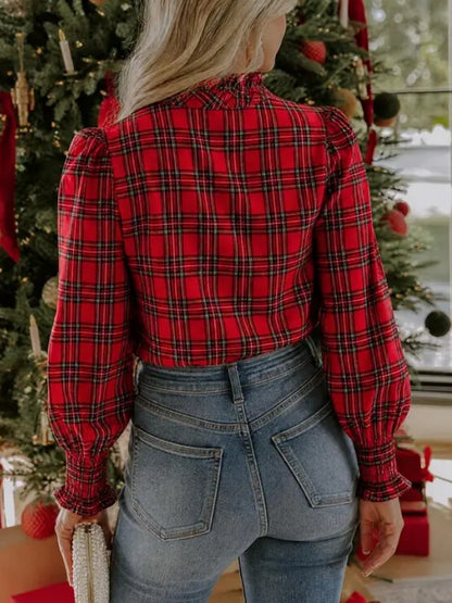 Women's Plaid Ruffle Neck Long Sleeve Blouse