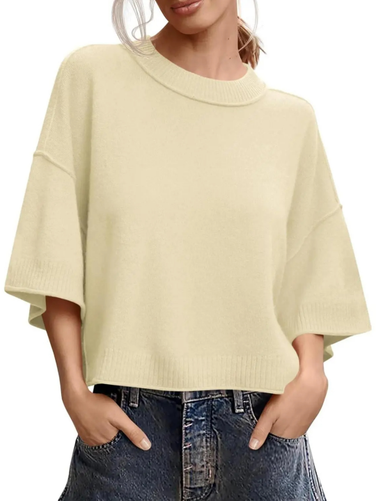 Oversized Cropped Short‑Sleeve Knit Top 🍂 Drop‑Shoulder Crew Neck Exposed‑Stitching Casual Tops