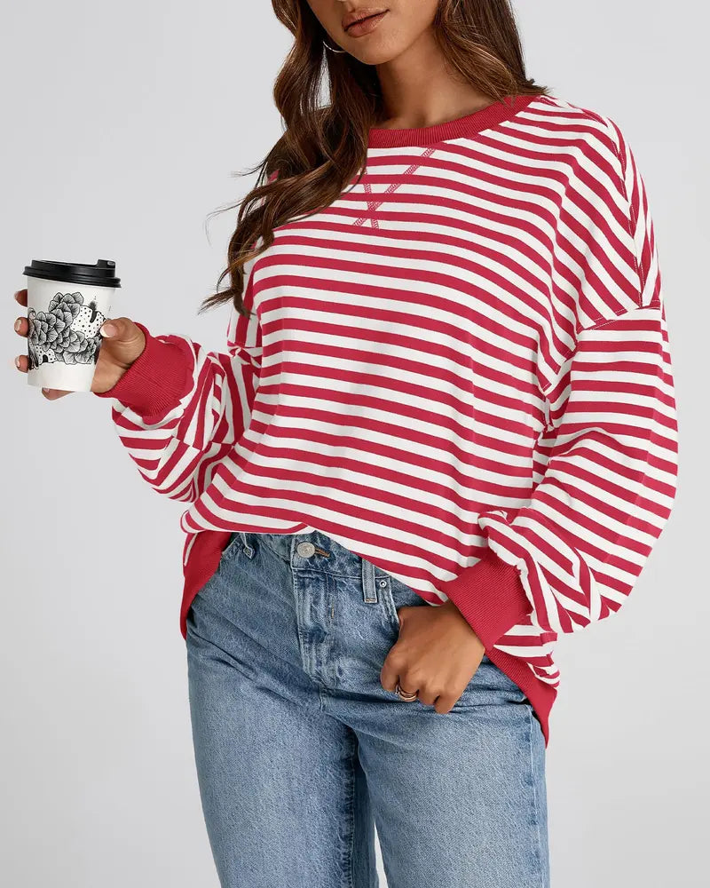 Women Striped Crew Neck Lantern Long Sleeve Loose Sweatshirt Top