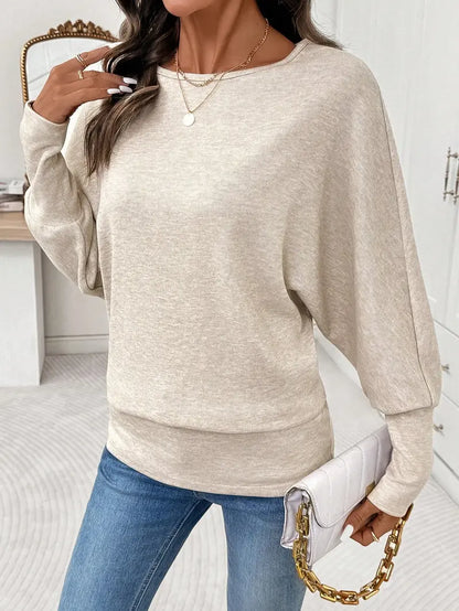 Hot Sale-Women's Casual Loose Round Neck Soft Batwing Sleeve Long Sleeve Top