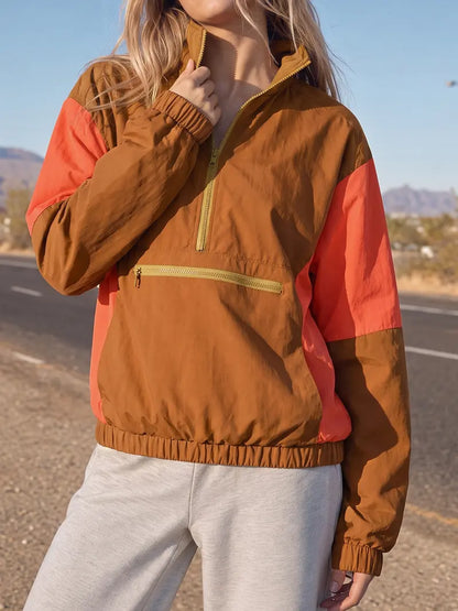 Women Retro Color Block Half Zip Windbreaker