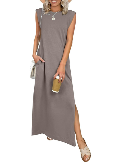 Women Wrinkle Free Sleeveless Pocket Split Loose Maxi Casual Daily Dress