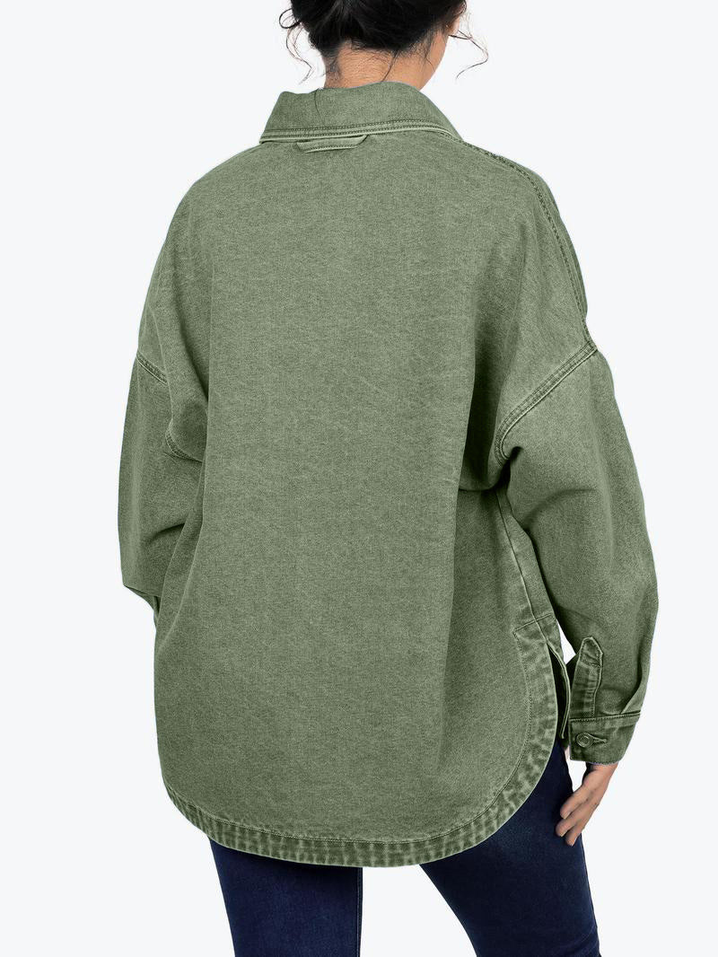 ✨Women's Solid Color Button Front Drop Shoulder Curved Hem Denim Jacket (Final Days: Big Savings!!!)