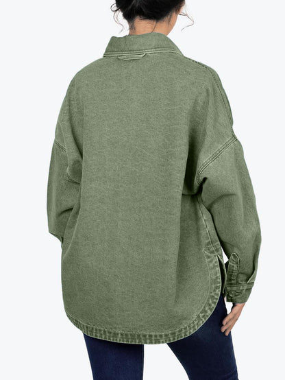 ✨Women's Solid Color Button Front Drop Shoulder Curved Hem Denim Jacket (Final Days: Big Savings!!!)