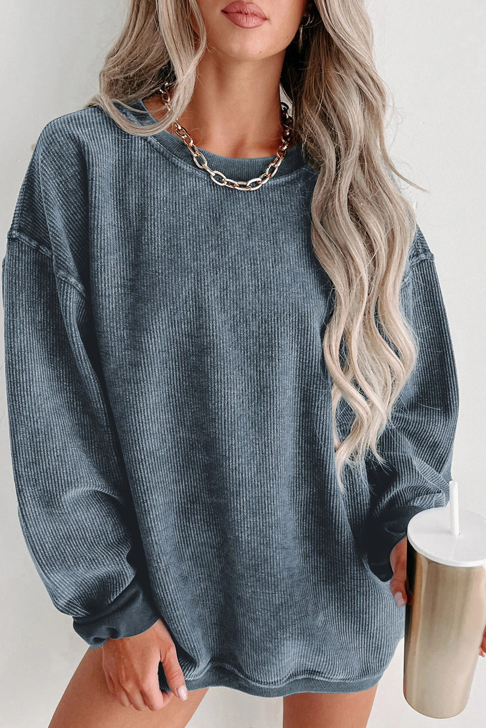 ✨ Women's Solid Color Ribbed Knit Round Neck Pullover Sweatshirt