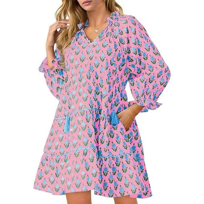 Women's Casual Floral Ruffle V-Neck Mini Dress with Pockets