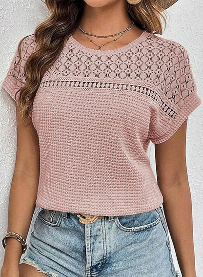 ✨Women's Casual Waffle Knit Hollow Out Short Sleeve Shirts
