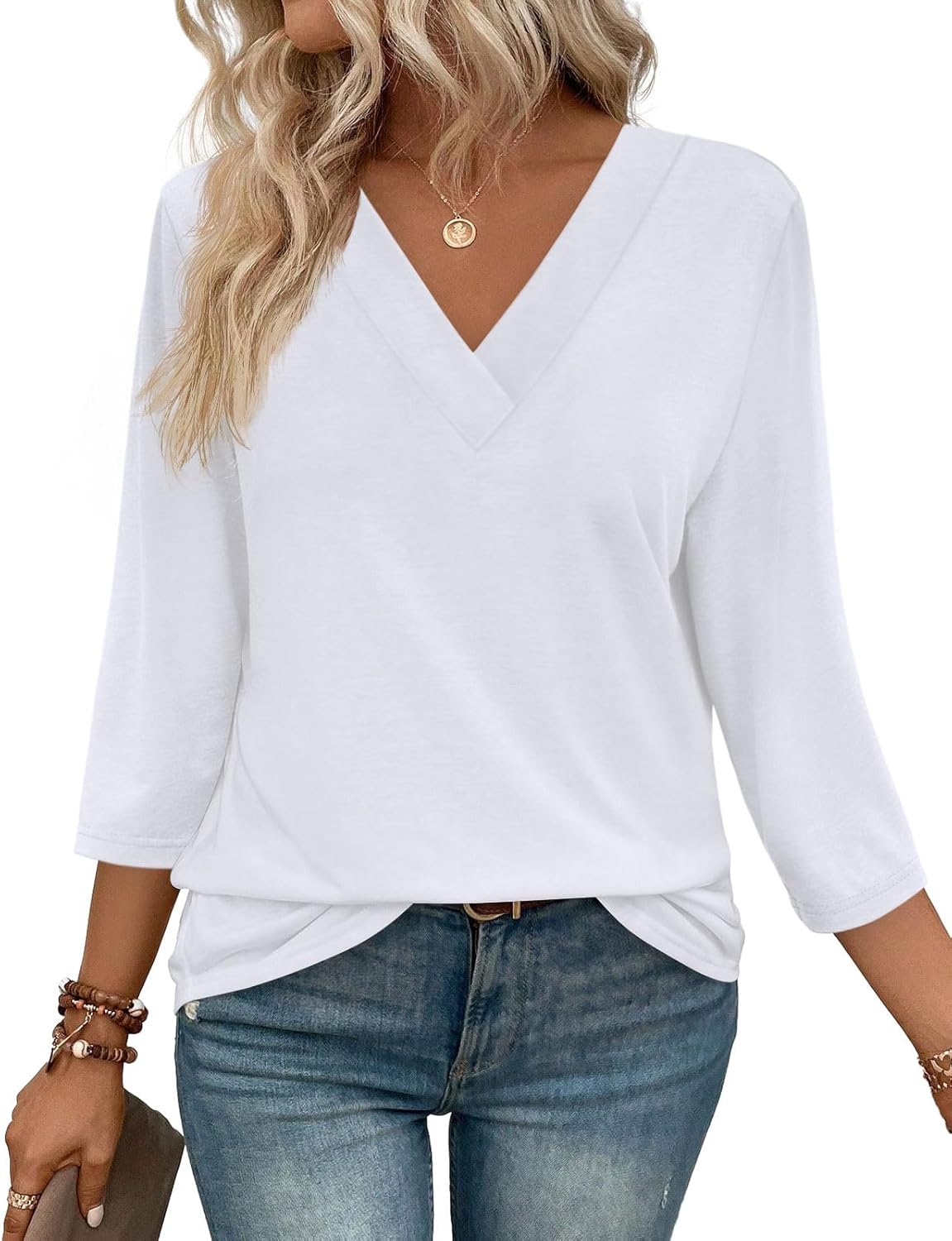 ✨Flash Sale Women's Trendy V Neck 3/4 Long Sleeve Tops Loose Fit Blouse