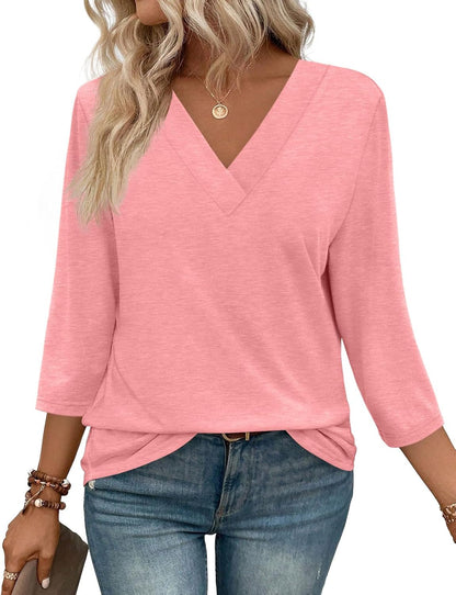 ✨Women's Trendy V Neck 3/4 Long Sleeve Tops Loose Fit Blouse