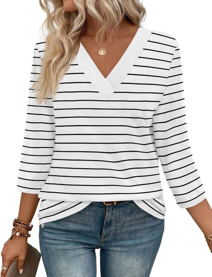 ✨Flash Sale Women's Trendy V Neck 3/4 Long Sleeve Tops Loose Fit Blouse