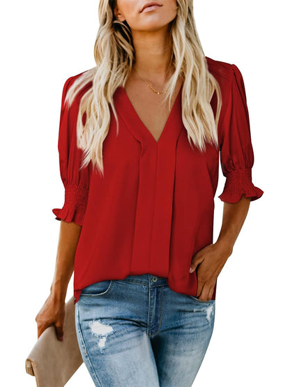✨Women's V Neck Dressy Puff Ruffle Blouse Casua Short Sleeve Tops