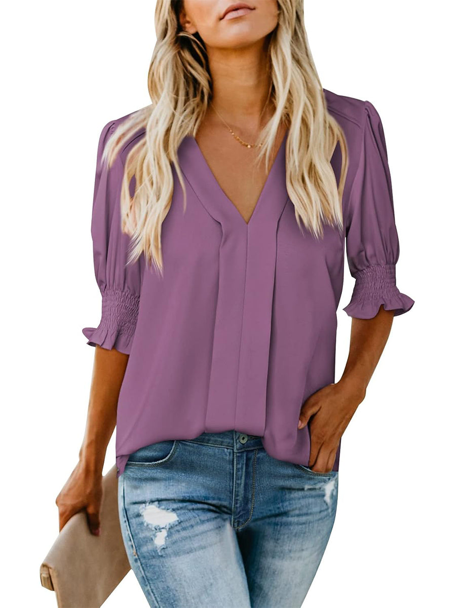 ✨Women's V Neck Dressy Puff Ruffle Blouse Casua Short Sleeve Tops
