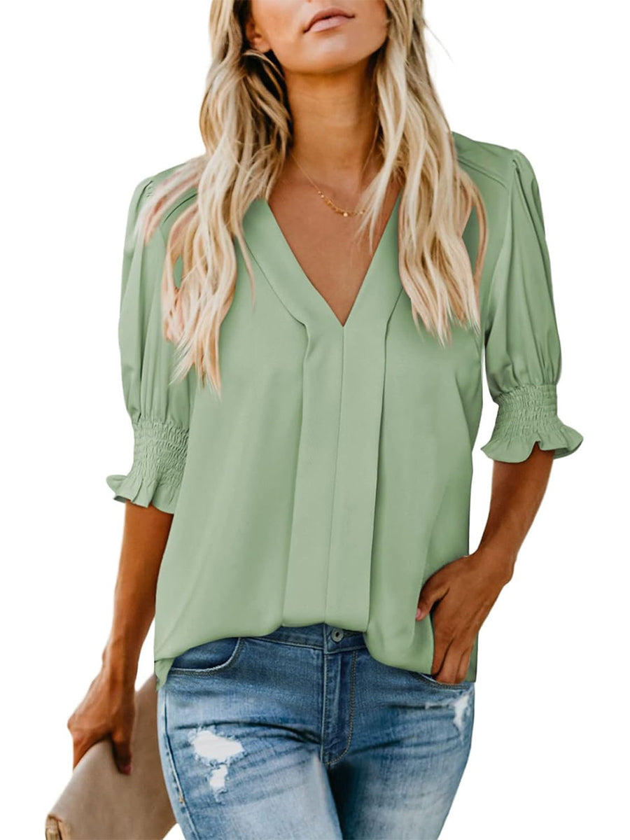 ✨Women's V Neck Dressy Puff Ruffle Blouse Casua Short Sleeve Tops