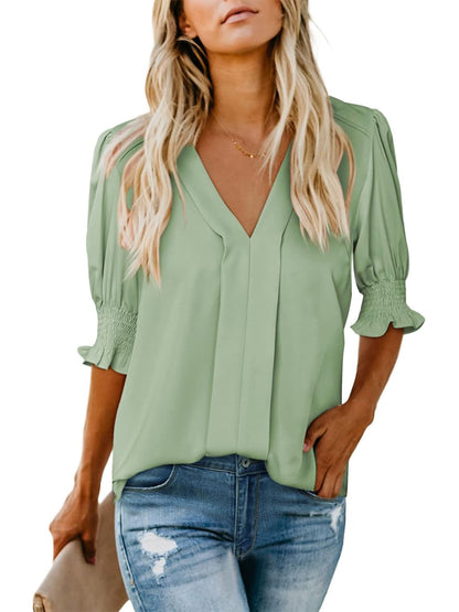✨Women's V Neck Dressy Puff Ruffle Blouse Casua Short Sleeve Tops