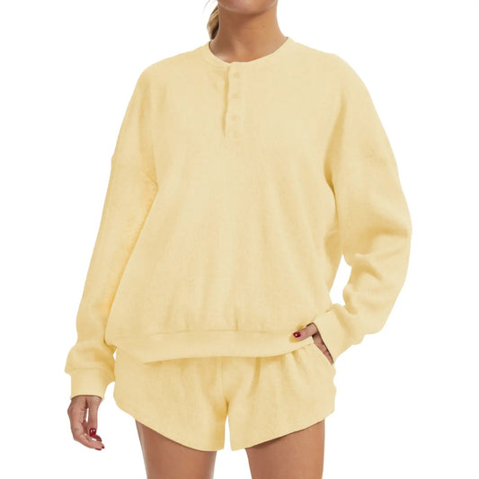 Women's Oversized Waffle Knit Lounge Set - Henley Sweatshirt & High Waisted Shorts