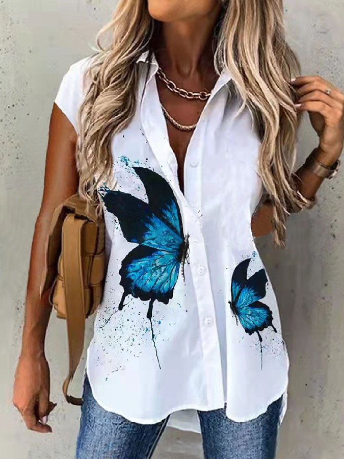 Butterfly Print Lapel Short Sleeve Shirt