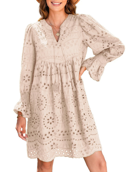 Womens V Neck Long Sleeve Hollow Out Lace Ruffle Dresses
