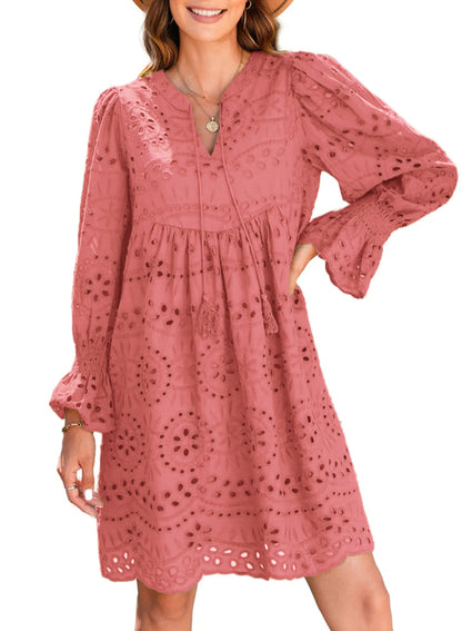 Womens V Neck Long Sleeve Hollow Out Lace Ruffle Dresses