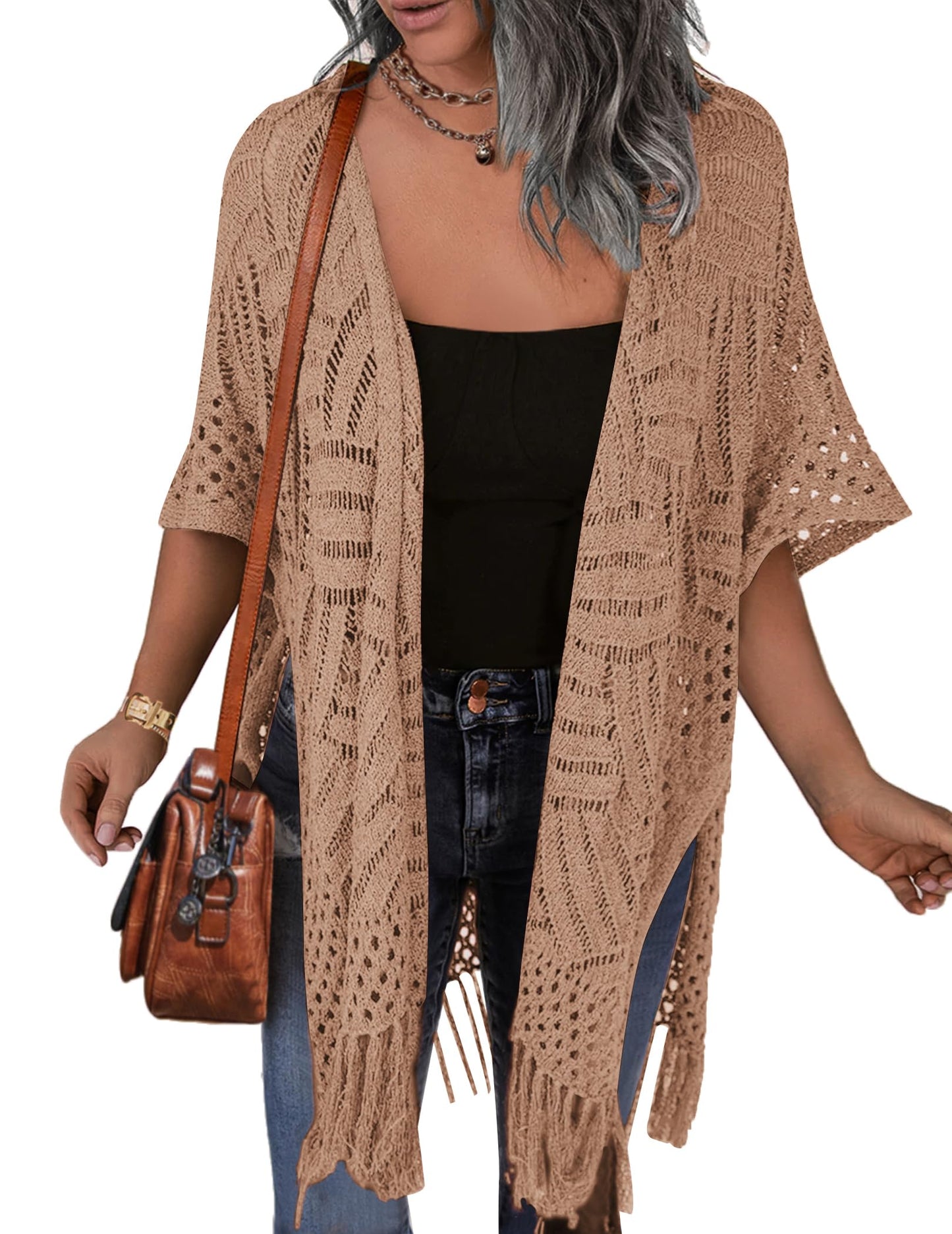 Hollow Crochet Tassel Fringe Open Front Cardigan Cover Up