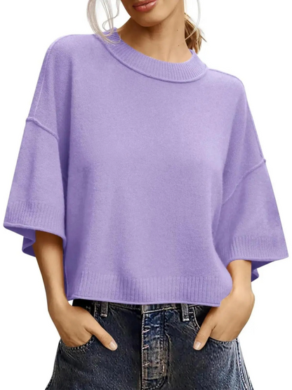 Oversized Cropped Short‑Sleeve Knit Top 🍂 Drop‑Shoulder Crew Neck Exposed‑Stitching Casual Tops