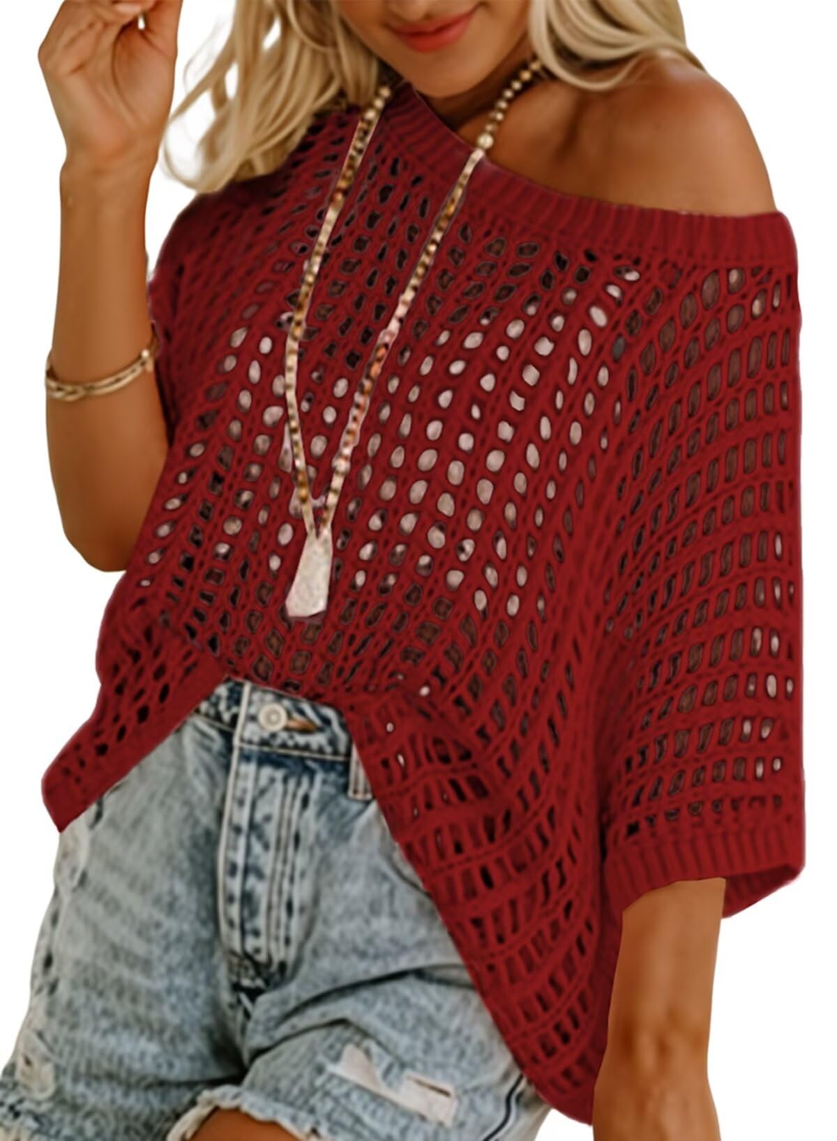 Women Hollow Knit Off Shoulder Casual Short Sleeve Tops
