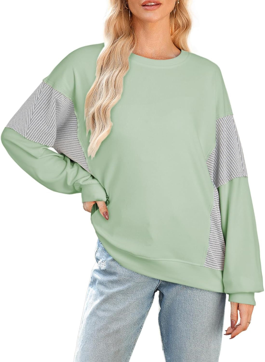 ✨Women's Crewneck Patchwork Stripe Long Sleeve Pullover Sweatshirts