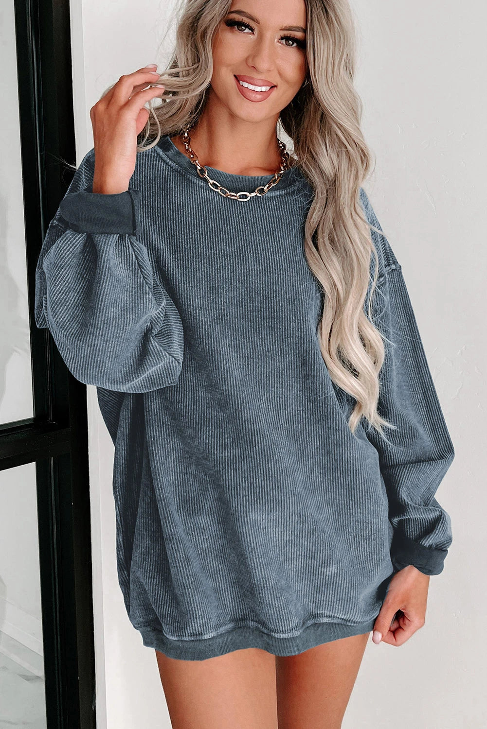 ✨ Women's Solid Color Ribbed Knit Round Neck Pullover Sweatshirt