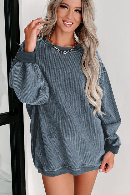 ✨ Women's Solid Color Ribbed Knit Round Neck Pullover Sweatshirt