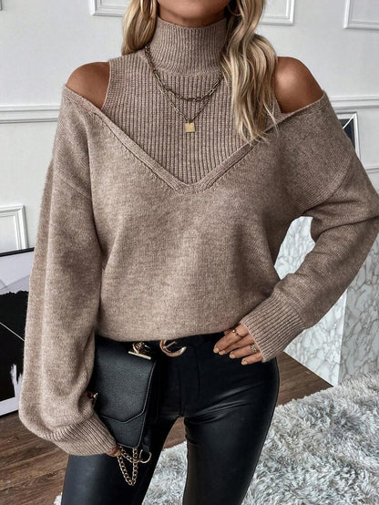 ✨Women's Turtleneck Cold Shoulder 2 In 1 Sweater