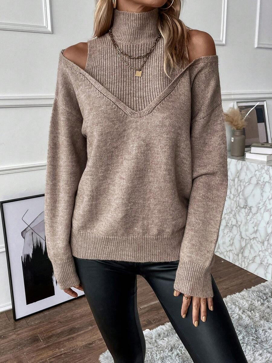 ✨Women's Turtleneck Cold Shoulder 2 In 1 Sweater