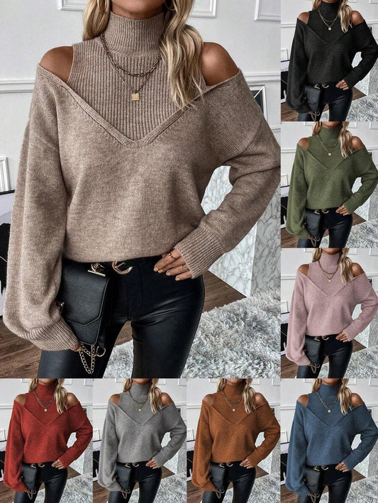 ✨Women's Turtleneck Cold Shoulder 2 In 1 Sweater