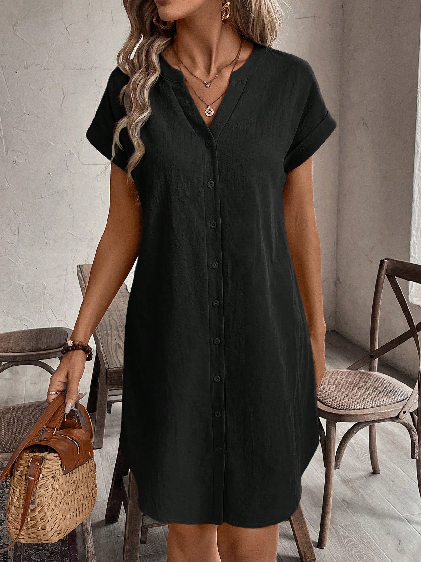 Notched V-Neck Button Down Cotton Dress
