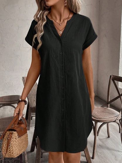 Notched V-Neck Button Down Cotton Dress