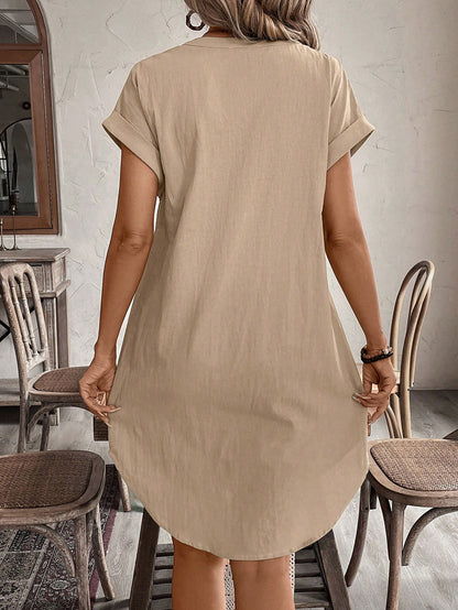 Notched V-Neck Button Down Cotton Dress