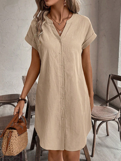 Notched V-Neck Button Down Cotton Dress